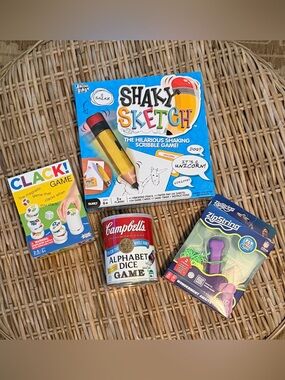 (4) Kids Games: Shaky Sketch + Clack + ZipString + Campbell's Alphabet Dice Game